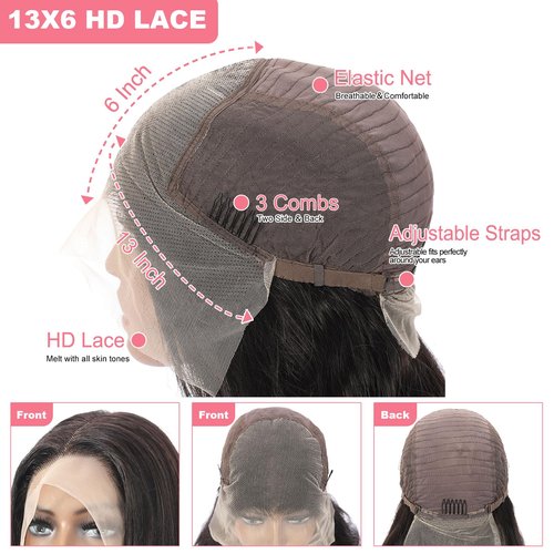13X6 Body Wave Lace Front Wigs Human Hair 12A 250% Density Lace Frontal Wigs HD Glueless Wigs Human Hair pre Plucked with Baby Hair Natural Color 22 Inch