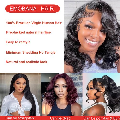 EMOBANA Bob Wig Human Hair 13x6 Lace Front Wigs 16 Inch Loose Body Wave HD Lace Frontal Wigs Glueless Wigs Human Hair Pre Plucked Wear and Go Short Bob Wigs for Black Women Natural Black Color