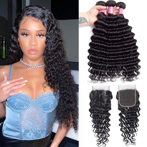 10A Deep Wave Human Hair Bundles with Closure 14 16 18+12 Brazilian Deep Weave Curly Human Hair 3 Bundles with 4x4 Lace Closure Remy Unprocessed Virgin Human Hair Bundle Natural Color