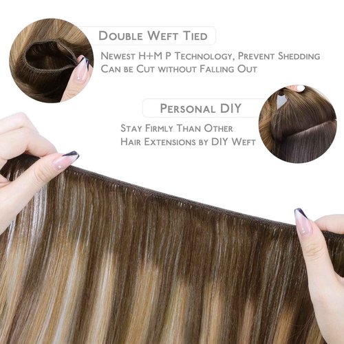 WENNALIFE Sew in Hair Extensions Real Human Hair, 22 Inch 110g Balayage Chocolate Brown to Caramel Blonde Machine Weft Remy Hair Hand Tied Weft Straight Extensiones De Cabello Hmano