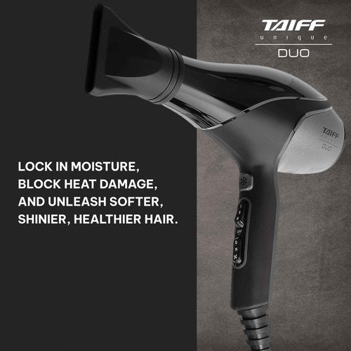 Taiff Unique Duo Professional Hair Dryer – 127V | 1875W Power | AC Motor | Tourmaline + Ionic & Ceramic Technology | Titanium Elements | 2 Concentrator Nozzles (Gray)