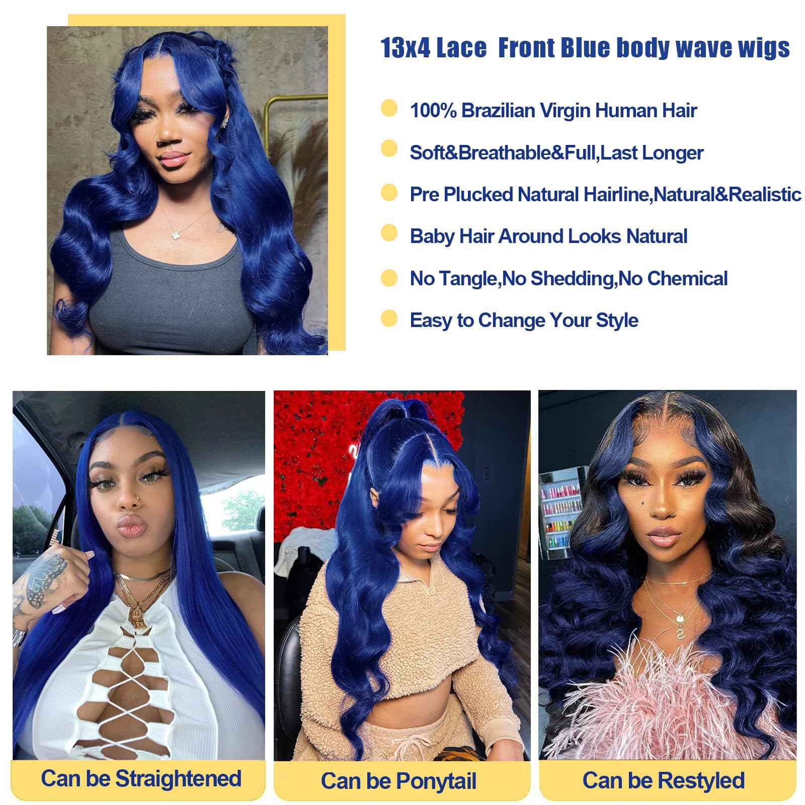 26 Inch Blue Lace Front Wigs Human Hair Body Wave 13x4 HD Transparent Lace Frontal Blue Wig Human Hair Pre Plucked 180% Density Dark Blue Colored Glueless Wigs for Black Women