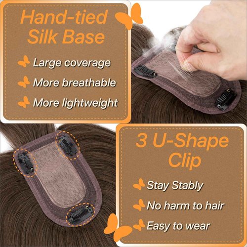 TESSHAIR Human Hair Toppers for Women, 150% Density Hair Topper with Bang, No Tangle & Smooth, Upgrade 7x13cm Silk Base, 14 Inch #02 Dark Brown