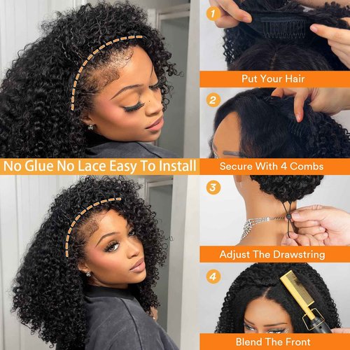 SheBase Kinky Curly Half Wig Human Hair 250% Density 16 Inch Burmese Kinkycurly Wig Human Hair,3 In 1 Seamless Flip Over Drawstring Ponytail Headband Wig Human Hair Glueless Wear and Go