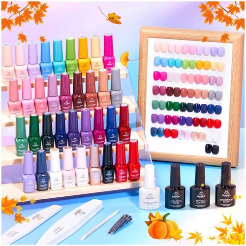 Beetles Gel Polish Shifting Lights - Fall Gel Nail Polish Set Brown Burgundy Red Black White Green Purple Glitter 36 Colors with Base Coat Glossy Matte Glitter Top Coat UV LED Soak Off Gift for Women