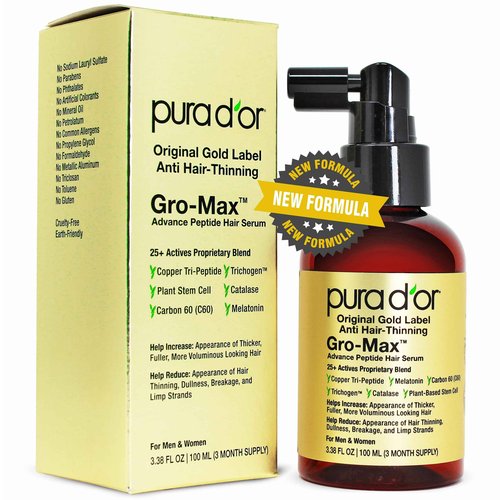 PURA D'OR 3.38 Oz Gro-Max Advanced Peptide Hair Serum (NEW FORMULA) Plant Stem Cell, Catalase, Copper Tri-Peptide, C60, Biotin, Melatonin, Trichogen, Caffeine, Rosemary - Stronger, Thicker Hair