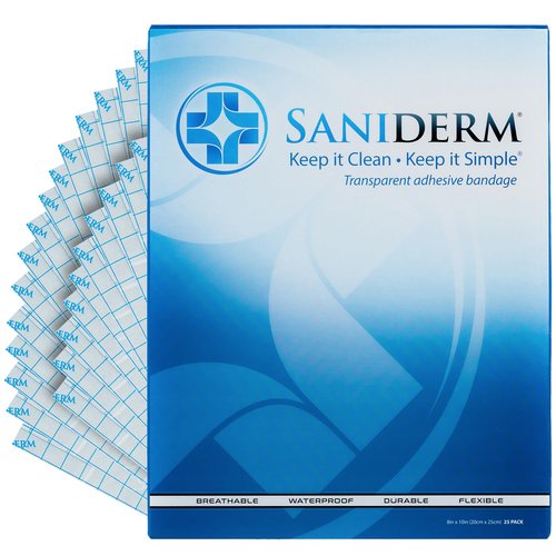 Saniderm Original Tattoo Aftercare Bandage (25 Sheets, 8 in x 10 in) – Convenient, Faster Tattoo Healing and Protection – Sterile, Waterproof, and Latex-Free Tattoo Aftercare Wrap – Gloss Finish