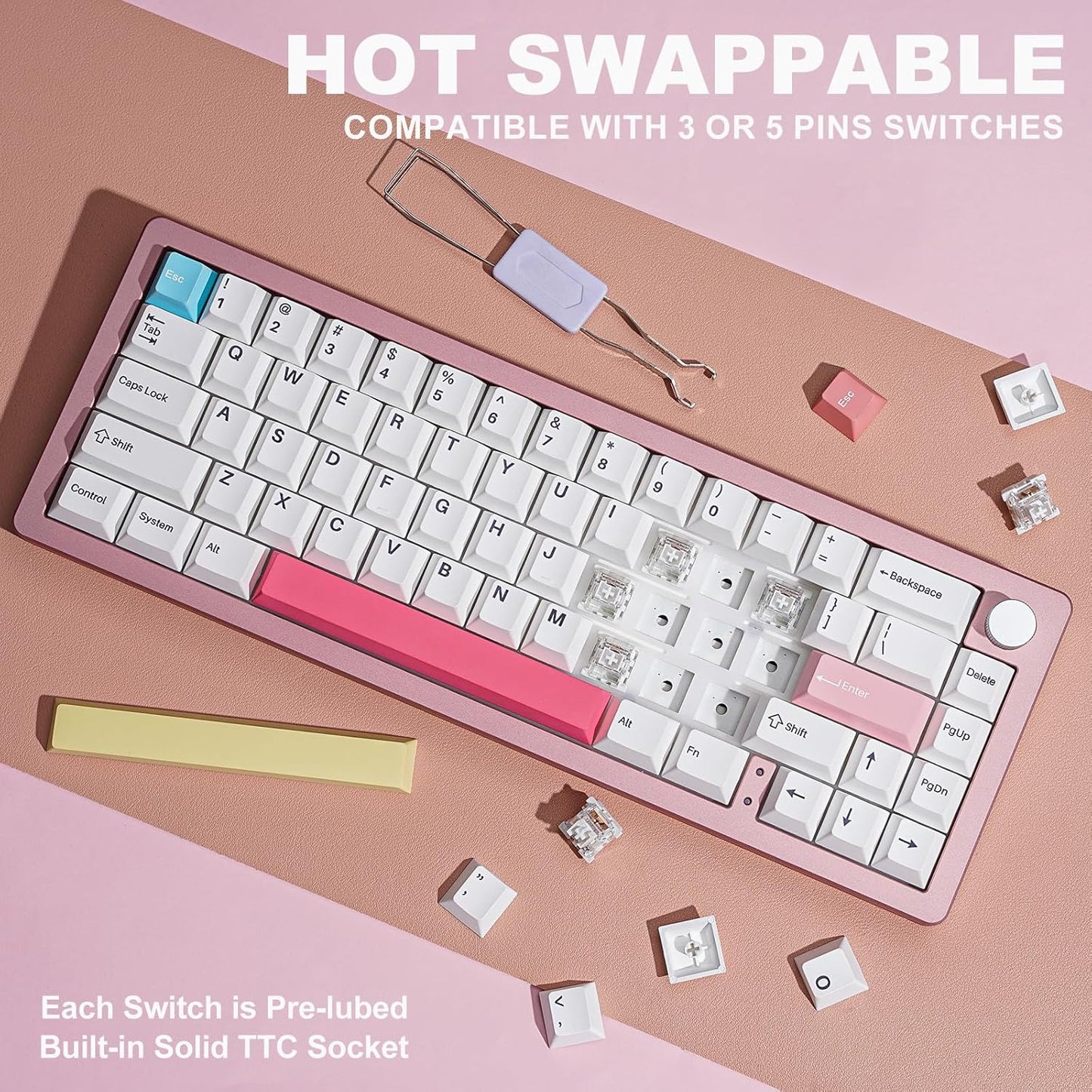 YUNZII AL66 Wireless Mechanical Keyboard(Milk Switch, Pink), 136 Keys MOA Keycaps(Blue)