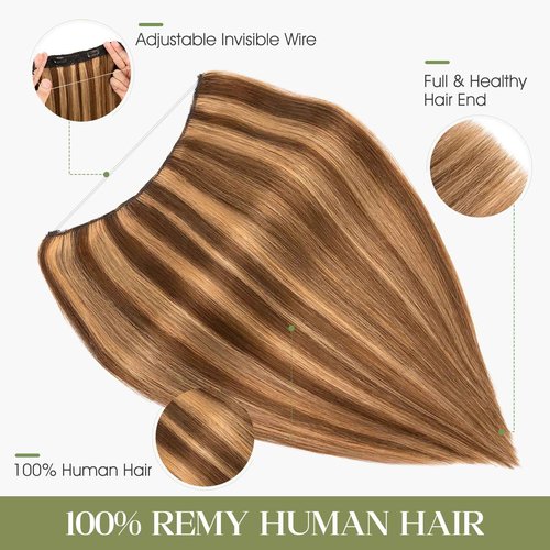 Charites Halo Hair Extensions Real Human Hair Invisible Wire Extensions with Transparent Fish Line Adjustable Size Medium Brown & Dark Blonde 20 inch