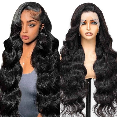 BigBeauty Body Wave Lace Front Wigs Human Hair 13x4 HD Lace Frontal Body Wave Human Hair Wig for Women 180% Density Brazilian Virgin Hair Pre Plucked Glueless Body Wave Wig Natural Black 28inch