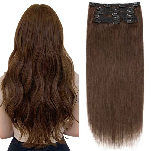 Elailite Clip in Hair Extensions Real Human Hair, Remy Hairpieces for Women, 7PCS Lace Weft Full Head, 12 Inch 90g Dark Brown