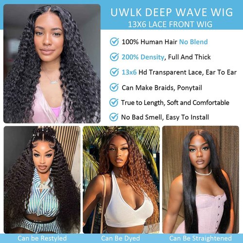 UWLK 30 Inch Deep Wave Lace Front Wigs Human Hair 200 Density 13x6 HD Transparent Lace Front Wigs for Women Pre Plcked Glueless Deep Curly Wigs with Baby Hair