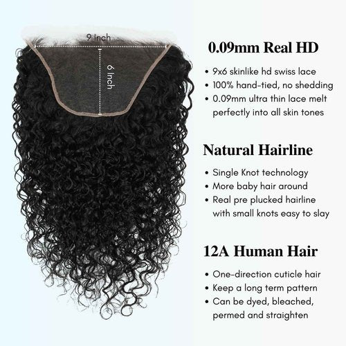 AUROO 9x6 PartingMax SKINLIKE Real HD Water Wave Closure Only, 12A 0.09mm Ultra-thin Invisible Wet n Wavy Curly Swiss HD Lace Closure Pre Plucked Single Knot 100% Virgin Hair #Natural Black 14 Inch