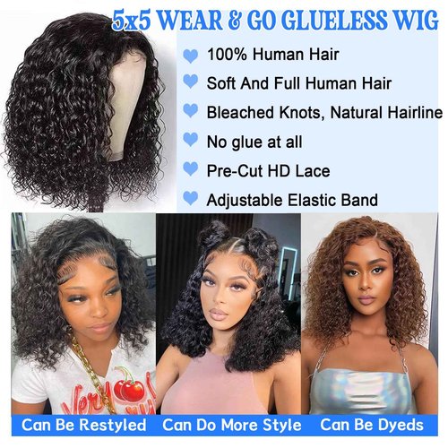 Wear and Go Bob Wig Human Hair Deep Wave Glueless Wigs Human Hair Pre Plucked Pre Cut Chocolate Brown 5x5 HD Lace Closure Curly Wigs for Black Women Lace Front Glueless Wigs Human Hair 14inch