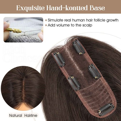 Rich Choices Hair Toppers for Women Real Human Hair 100% Human Remy Toppers for Women with Thinning Clip in NO Bangs Upgrade Extended 2"*6"Lace Base 150% Density 12 Inch #1B Natural Black