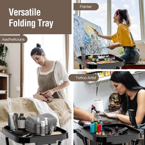 Folding Salon Tray, Salon Trolley, Salon Cart Tattoo Rolling Tray Station-Black
