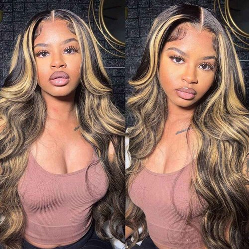 Juvid 13x6 Balayage Wig Human Hair Body Wave HD Transparent Lace Front Glueless Wigs Pre Plueked FB/27 Highlight Ombre Honey Blond Wig 200% Density colored Lace Frontal Human Hair Wigs 20inch