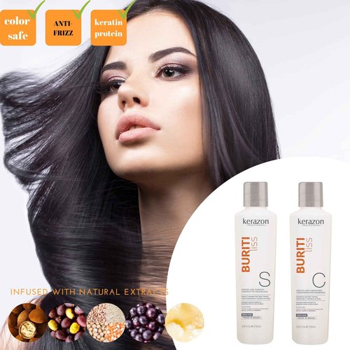 Kerazon Buriti Liss Keratin Treatment + Sulfate Free and Sodium Free Shampoo & Conditioner KIT