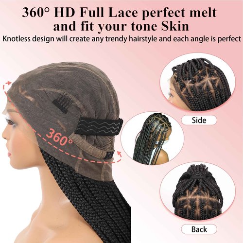 Zurffiy 360° HD Full Lace Braided Wigs for Women Knotless Braided Wigs Box Braid Wig with Baby Hair Human Hair Blended Braids Lace Front Wig Black 36 Inch