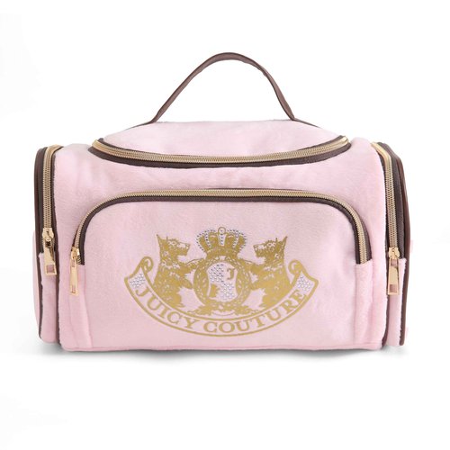 Juicy Couture Pink Makeup Bag Cosmetics Organizer Travel Essentials Duffel Velour Gold Terrier Dog Rhinestone Crown
