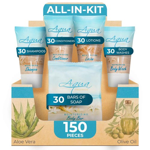 Aqua Organics Hotel Soaps & Toiletries Bulk Set | 1-Shoppe Amenities Kit | 1oz Shampoo & Conditioner, Body Wash, Lotion, 1oz Bar Soap | Travel Size | 150 Pieces