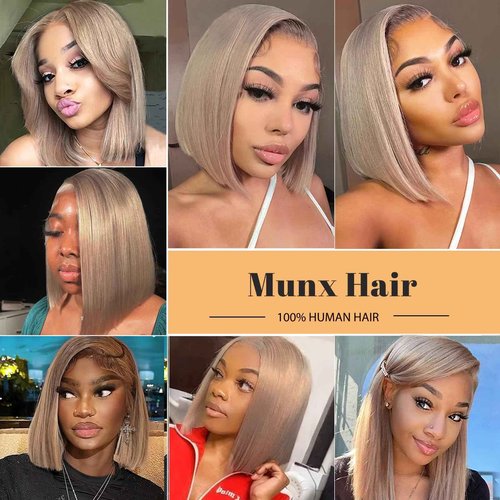 Munx 13x6 Bob Wig Human Hair for Black Women 180% Density Straight Glueless Bob Wig Bleached Knots Wear and Go Colored Free Part HD Transparent Real Human Hair Lace Front Wigs 12"