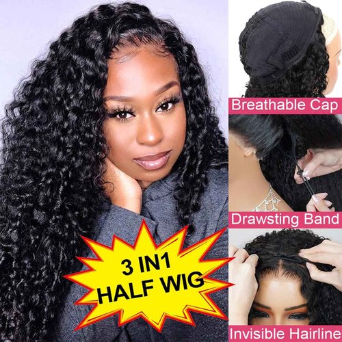 BLG Burmese Curly Half Wig Human Hair 300% Density 3 In 1 Human Hair Half Wigs for Women 16 Inch Curly Seamless Wear and Go Glueless Drawstring Wig Natural Color Quick Install Beginners Friendly Wigs