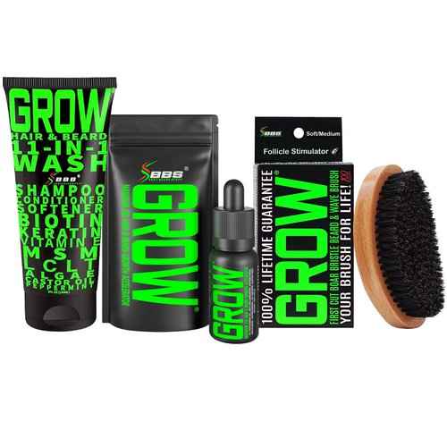 Beard Growth Kit w/ 100% Lifetime Replacement Boar Bristle Brush + GROW 11-in-1 Mens Shampoo & Conditioner (Hair Growth Shampoo for Men w/Biotin) + GROW XXL Beard Oil for Men (Made in America)