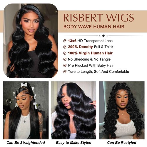 RISBERT 30 Inch 13x6 Lace Front Wigs Human Hair 200 Density Body Wave HD Lace Frontal Wigs Human Hair Pre Plucked with Baby hair Natural Color Glueless Wigs for Women