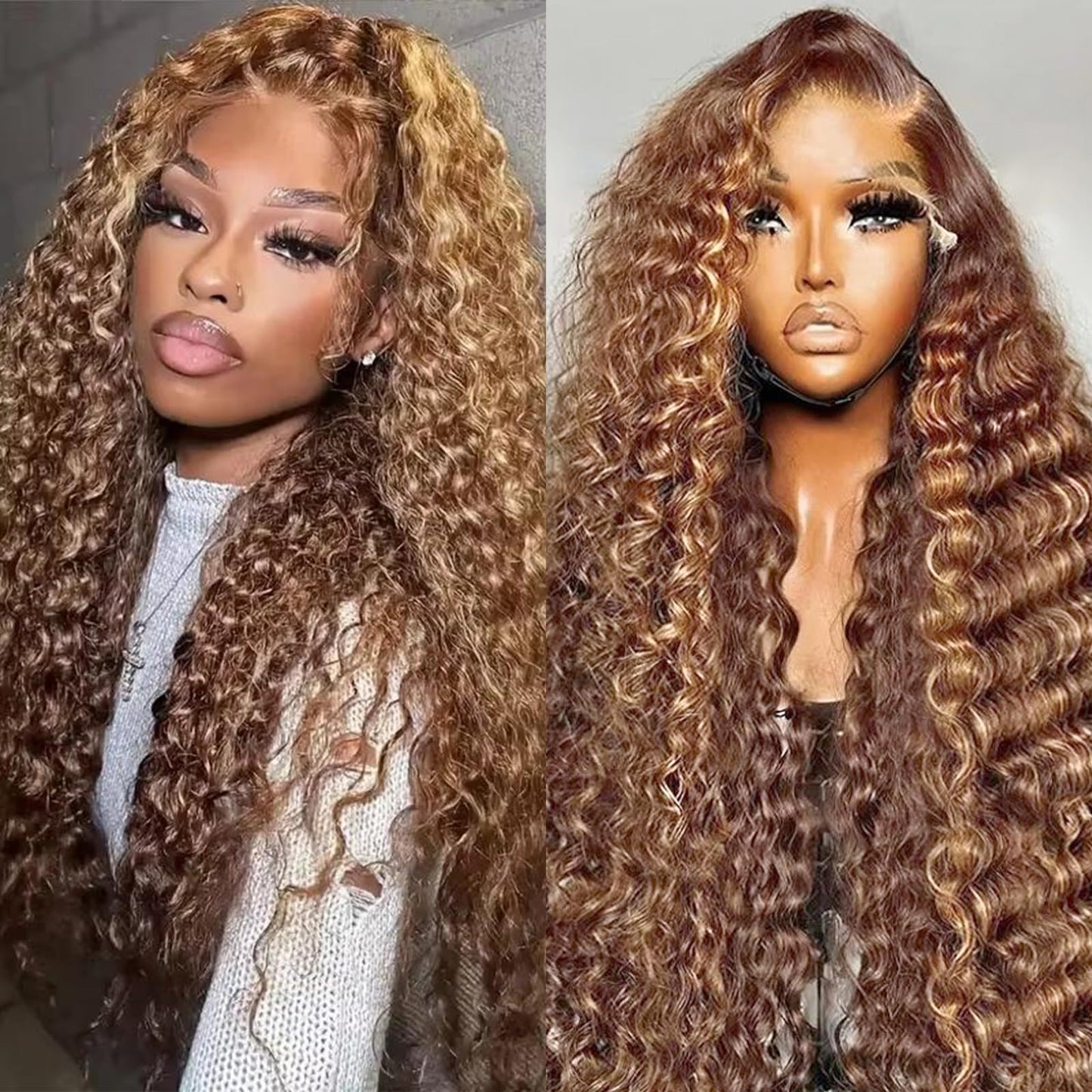 13x6 Highlight Ombre Lace Front Wigs Human Hair P4/27 Honey Blonde Lace Frontal Wigs Human Hair 200 Density Colored deep Curly Glueless Lace Front Wigs Pre Plucked with Baby Hair for Women (24 Inch)