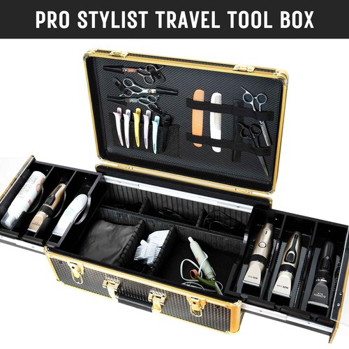 HAPPYPOSH Barber Case Organizer, Barber Briefcase Tool Box, Barber Carrying Case, Large Barber Cases for Clippers and Supplies, Travel Hair Stylist Tools Storage, Luxury Gold & Black