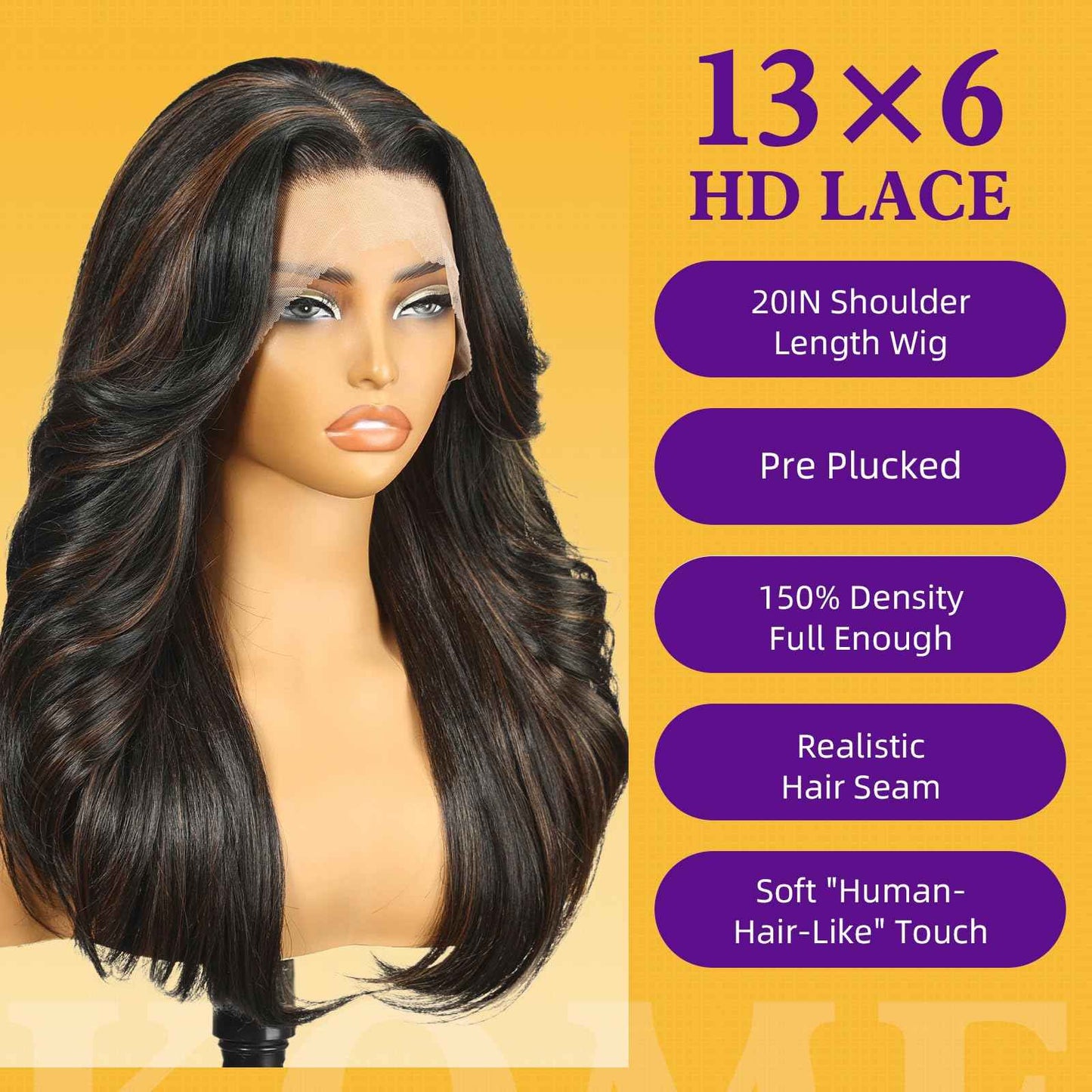 KOME Black Brown Highlight Synthetic Lace Front Wig,13X6 HD Long Straight Glueless Wig for Women Daily Use 20IN（1B/30）