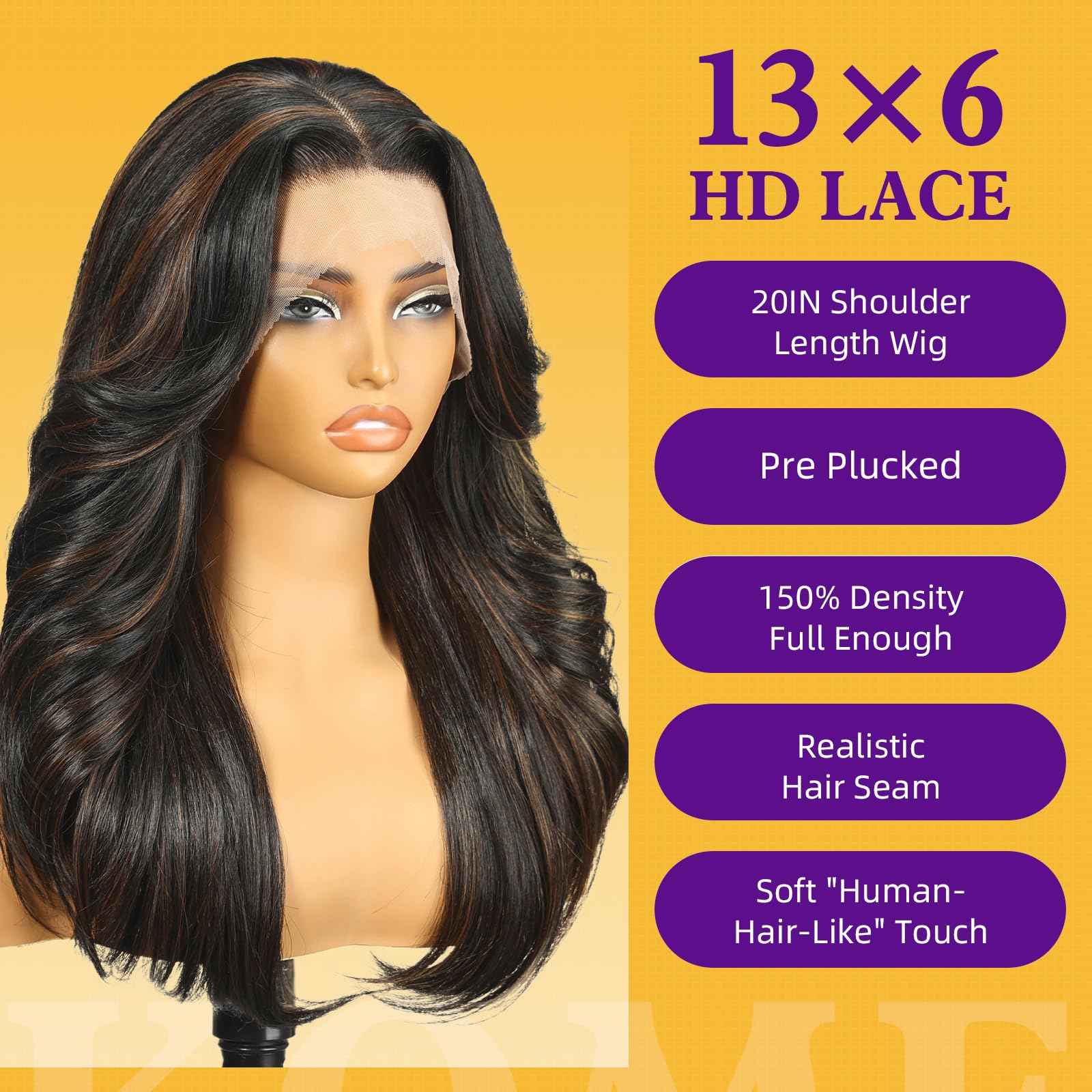 KOME Black Brown Highlight Synthetic Lace Front Wig,13X6 HD Long Straight Glueless Wig for Women Daily Use 20IN（1B/30）