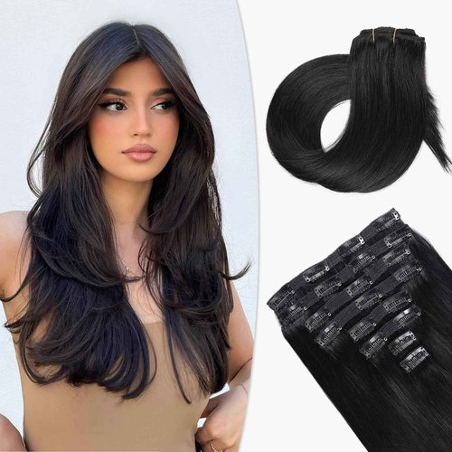 VKHAIR Clip in Hair Extensions Real Human Hair 20 inch, 8Pcs/120g Human Hair Clip in Extensions, Seamless Clip in Hair Extensions Human Hair #1 Jet Black, 20 Inch