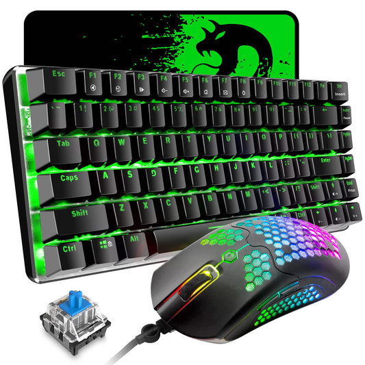 ZIYOU LANG Wired Gaming Keyboard and Mouse,3 in 1 Gaming Set,Green LED Backlit Mechanical Keyboard,12K DPI Superlight Gaming Mouse,Large Mouse Pad for PC Gamer