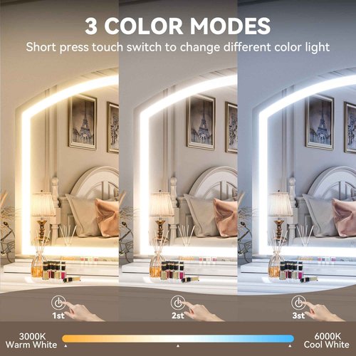 Hasipu Arch Vanity Mirror with Light, 32" x 24" Arched Led Makeup Mirror with 10X Magnification, Tabletop Desk Mirror, Dimmable 3 Colors Mode