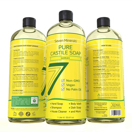 Seven Minerals EWG Verified Unscented Castile Soap (1 Gallon) & Pure Lemon Castile Soap (33.8 fl oz)