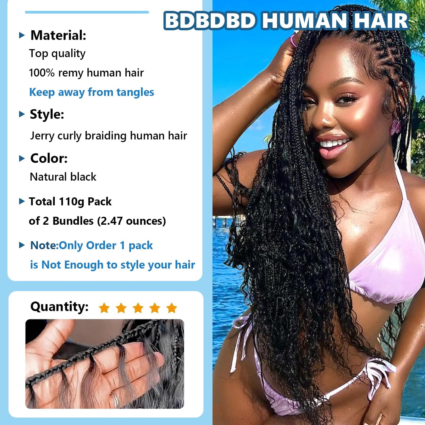 Human Braiding Hair 24 inch 110g Jerry Curly 12A Real Human Hair Boho Human Hair For Braiding No Weft 2 Braids Per Pack Wet and Wavy Human Hair Braiding Hair Natural Black