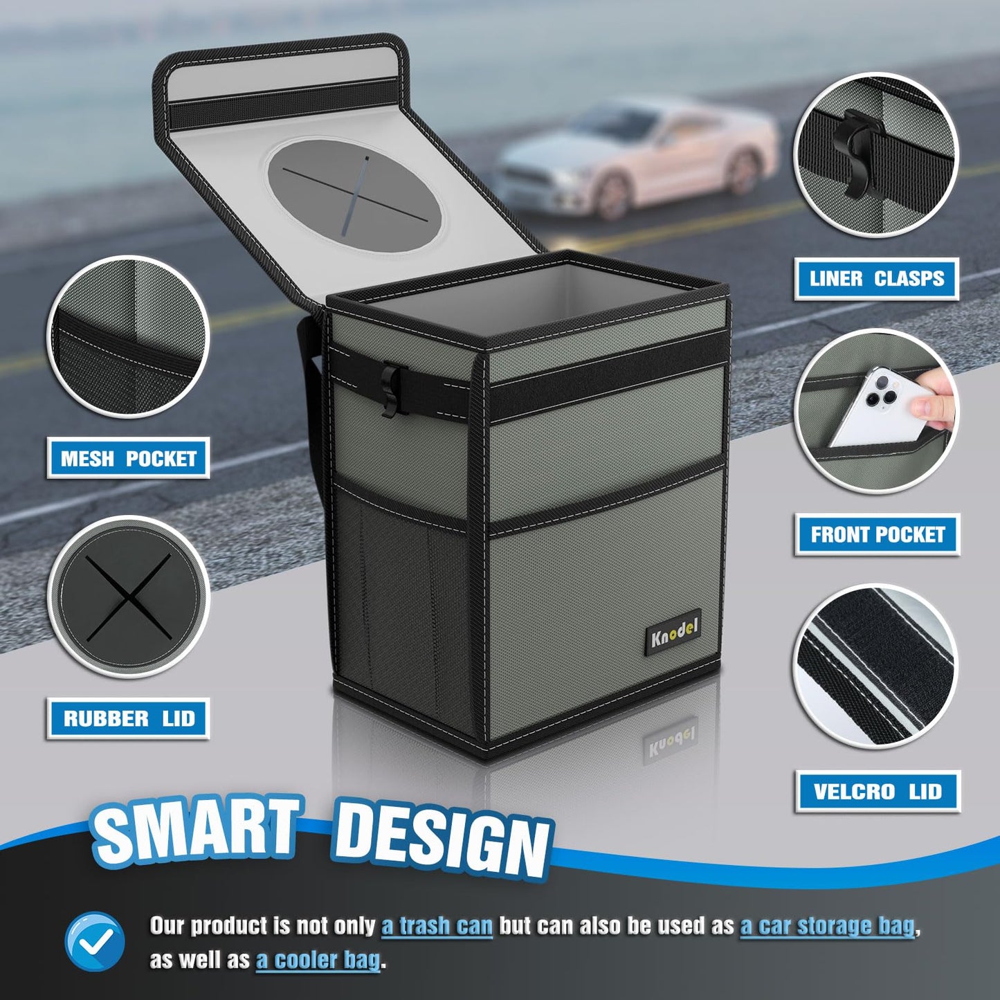 K KNODEL Car Trash Can, Waterproof Garbage Can, Trash Bag with Lid, Leak-Proof Car Bin, Trash Hanging Bag for SUV (Medium, Gray)