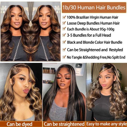 Loose Wave Human Hair Bundles with Closure 12 14 16+12in10A Brazilian Remy Virgin Hair Weave Colored Fb30 Ombré Loose Deep 3 Bundles Human Hair with HD Lace Closure Free Part Pre plucked