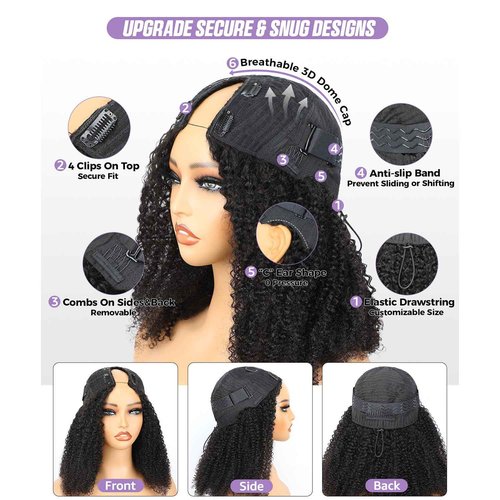OQ Hair V Part Wig Human Hair Afro Curly Upgrade U Part With Adjustable Drawstring 180% Density V Shape Clip In Half Wig For Women Natural Color 18 Inch