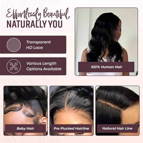 Agape 13x5 Body Wave HD Lace Front Wig 100% Human Hair for Women, 180% Density, Pre-Plucked with Baby Hair, Glueless Transparent Swiss Lace, No Synthetic Fibers (#1B - Off Black, 24")