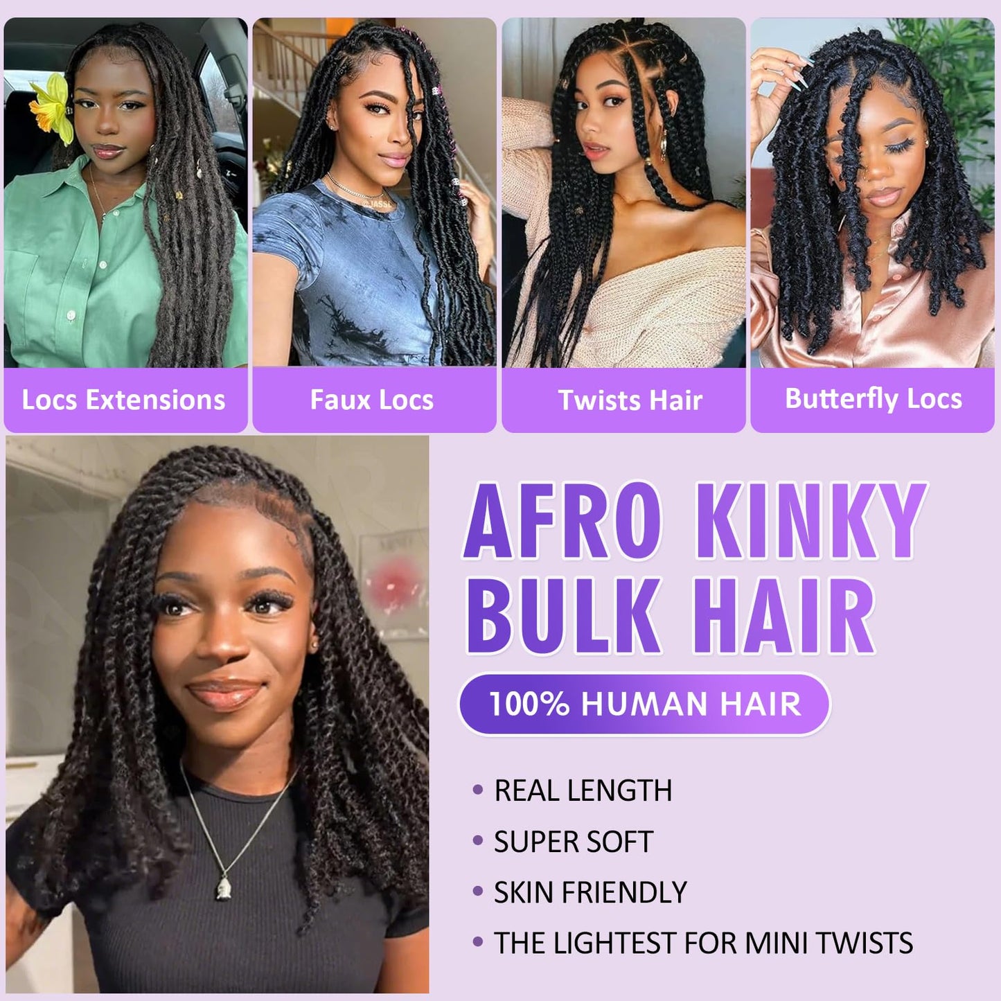 14 inches Afro Kinkys Bulk Human Hair for Dreadlocks Extensions Repair Locs, Twist Braiding Afro Kinky Human Hair for Locs 1 Pack 30 Gram Natural Black Color（14 Inch，Pack/4)