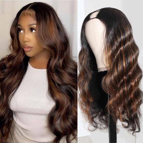 beautkol U Part Human Hair Wig Body Wave Highlight #1b/30 Ombre Brown Wig 180% Density U Part Wig Half Brazilian Virgin 100% Human Hair Wigs For Black Women Clip In Glueless No Leave Out Wig 20Inch