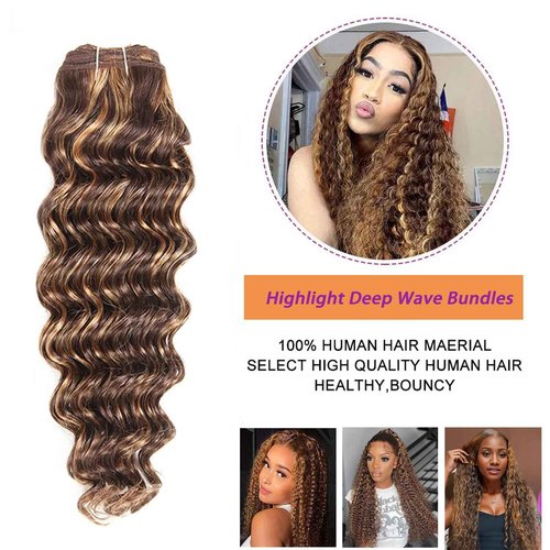 Blonde Highlight Human Hair Bundles with Closure (14 16 18+14 inch) 10a Brazilian Deep Wave Bundles Human Hair with 4X4 Free Part Closure 4/27 Ombre Brown Bundle