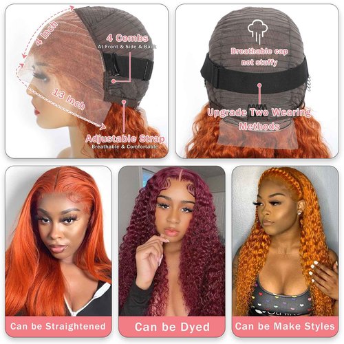 PREMAY 20 Inch Ginger Wig Human Hair 13x4 Deep Wave Lace Front Wigs 180 Density HD Lace Curly Orange Wig Glueless Wigs Human Hair Pre Plucked 350# Colored Ginger Wig