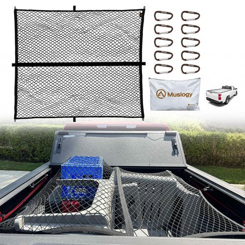 Muslogy Truck Bed Cargo Net Compatible with Pickup Truck Bed Organizer Stretchable 4'x4' to 7'x7' High Elastic Heavy Duty Upgraded Reinforced Storage Net with 10 Metal Carabiners (Single Layer)