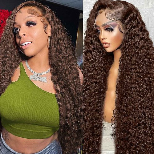 BIANFA 13x6 Deep Wave Lace Front Wigs Human Hair Chocolate Brown 220 Density HD Lace Front Wigs Human Hair Curly Wig Pre Plucked Human Hair Glueless Frontal Wigs (18inch)