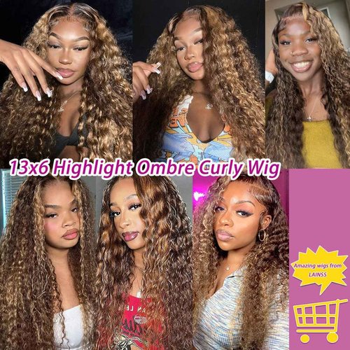 LAINSS Highlight 13x6 Deep Wave Lace Front Wigs Human Hair 4/27 Ombre Curly HD Transparent Lace Frontal Wig Pre Plucked Glueless Wig human hair 210% Density Wet and Wavy Curly Wigs 18 Inch