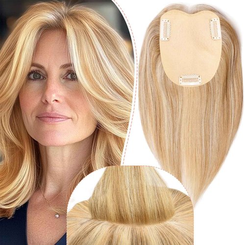 POWERASIA Hair Toppers for Women Real Human Hair Extensions with Thinning Hair No Bangs Wiglets Upgrade 3.9x4.7Inch Silk Base Clip ins Hair Pieces 150% Density Remy Hair Wig Topper #12P613